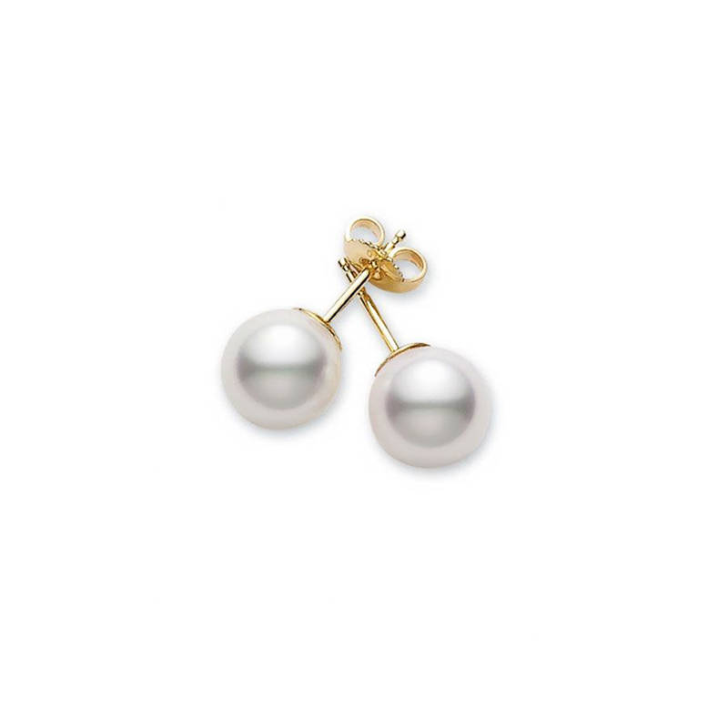 Mikimoto 18 Karat Yellow Gold White Cultured Pearl Stud Earrings  6.5X6mm  'AA' Quality